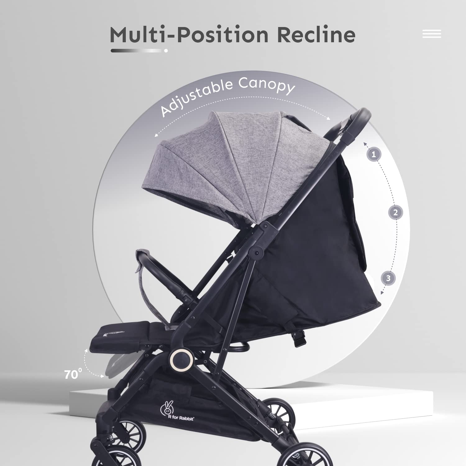 Black stroller with adjustable canopy on a gray background